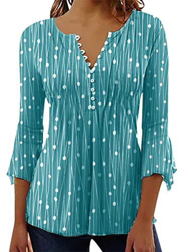 Onsoyours Damen T-Shirt Langarm V-Ausschnitt Floral Knopfleiste Plissee...