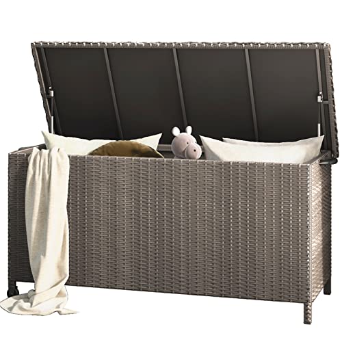 LAPOOH Cassapanca Da Esterno In Polyrattan Grigio 115x51x52 Cm Con Cuscino - Contenitore Resistente Alle Intemperie Per Giardino E Terrazzo