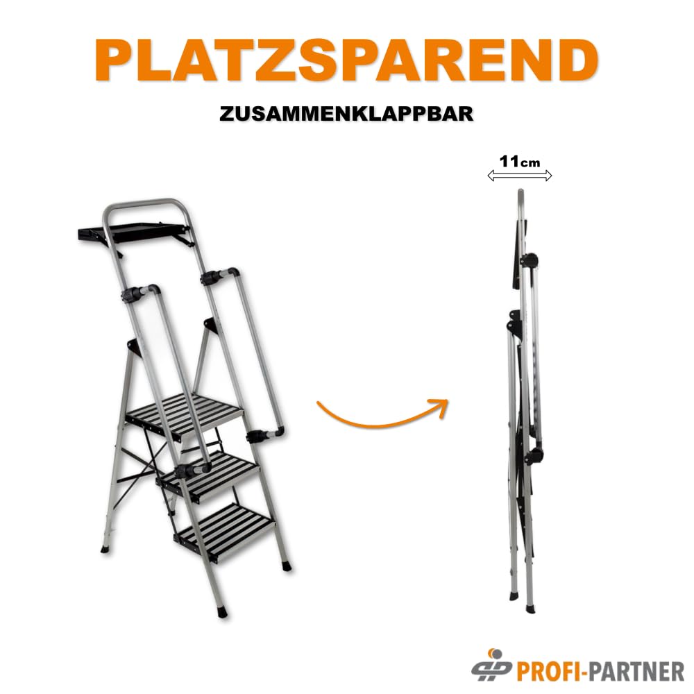 Stahl-Sicherheitsleiter, Trittleiter 3 Stufen, bis 150 kg | klappbare Handläufe, rutschsichere Plattform, TÜV-geprüft, robuste Klappleiter, Haushaltsleiter, sicherer Tritt