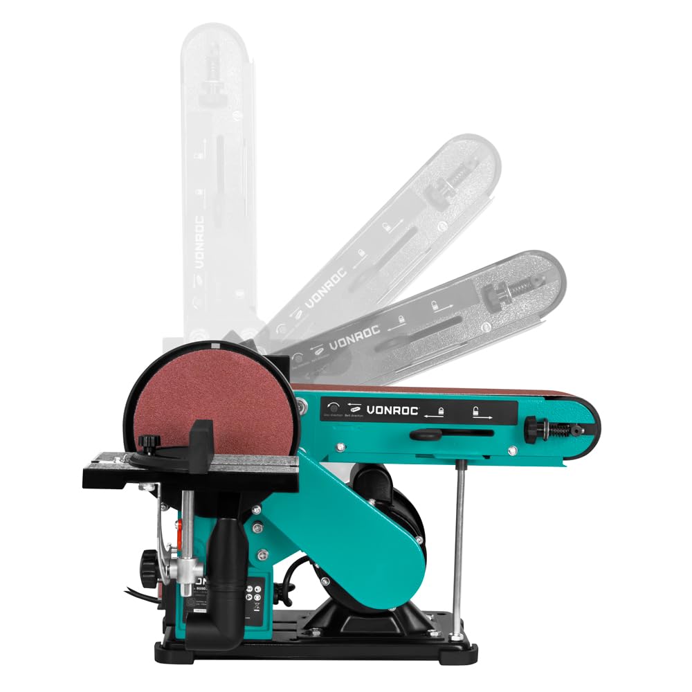VONROC Lijadora de banda y disco de 350 W – Contiene 2 bandas de lijado de 100 x 915 mm (P80 y P120) y 2 discos de lijado de 150 mm de diámetro (P80 y P120)