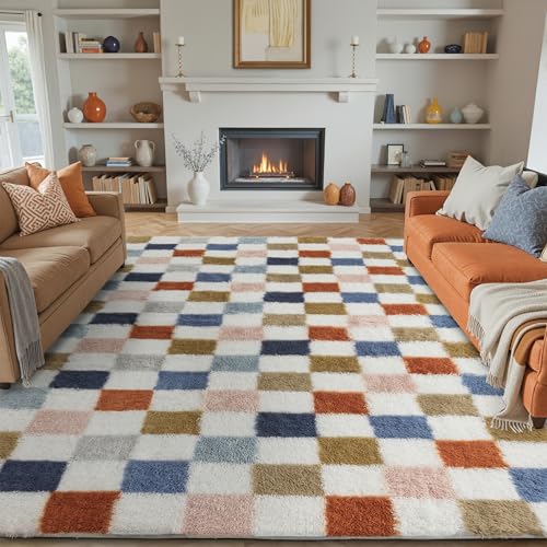 Checkered Rug 8x10 for Living Room, Modern Rainbow Shag Rug Washa...