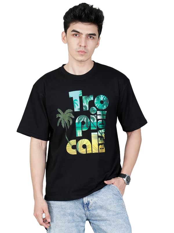 Image of London Hills Men's Cotton Oversized Fit Casual Printed Round Neck, Oversized Longline Drop Shoulder Boho Style T-Shirt