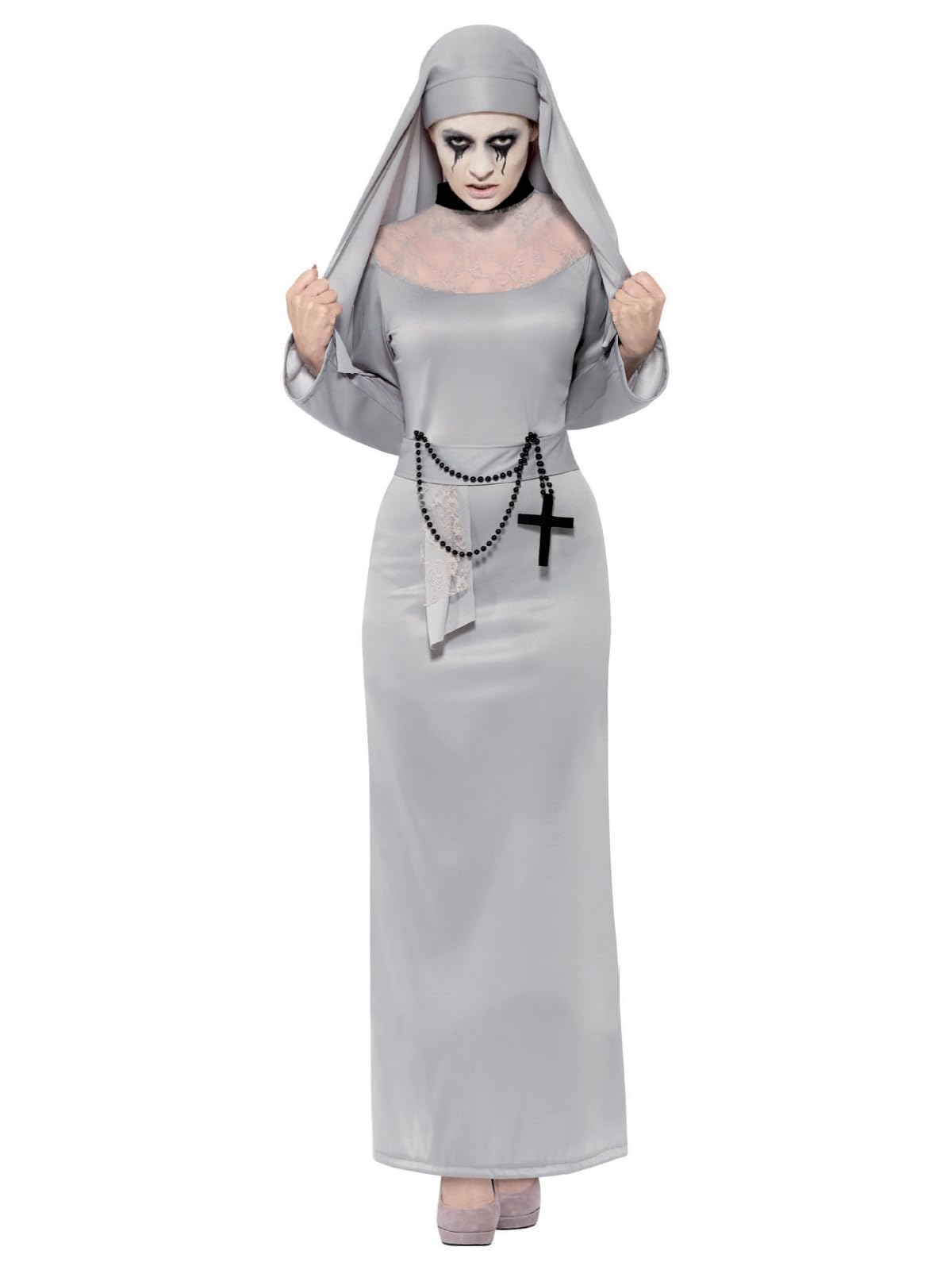 Smiffys Gothic Nun Costume, Grey with Dress & Headpiece, Halloween Adult Fancy Dress, Nun Dress Up Costumes