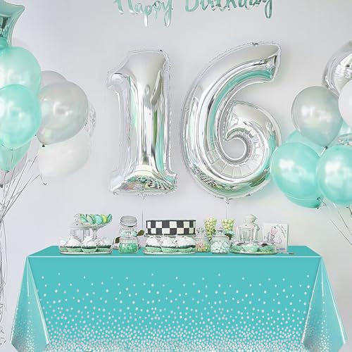 Image of Breling 6 Pcs Teal Blue and Silver Dot Tablecloth Plastic Confetti Rectangle Disposable Table Cover for Birthday Wedding Baby Shower Engagement Anniversary Bachelorette Party, 54 x 108 Inch