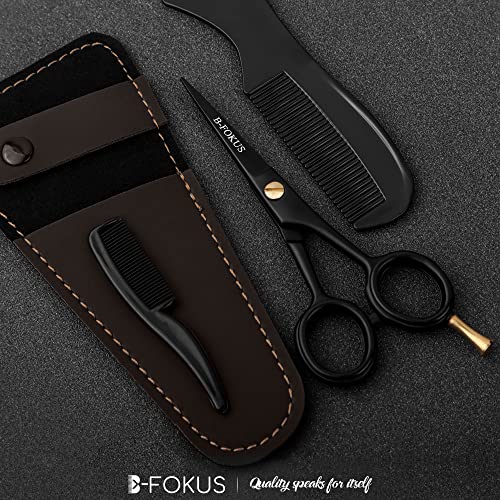 B-Fokus Versatile Beard And Mustache Scissors, 5-Inch Black German Steel Beard Scissors For Beard And Mustache Care, Beard Trimming Scissors Come With A Gorgeous Case And Comb Set. #TOP1