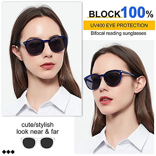 Image of MARE AZZURO Round Bifocal Reading Sunglasses Women Large Outdoor Readers 1.00 1.50 2.00 2.50 3.00 3.50 (Blue, 3.0)