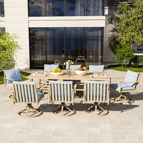 HAPPATIO 9-Piece Patio Dining Set for 8, Aluminum Outdoor Dining Set with Cushions, 8 Swivel Dining Chairs, 1 Large Rectangular Table with Umbrella Hole for Lawn, Porch, Backyard, Brown