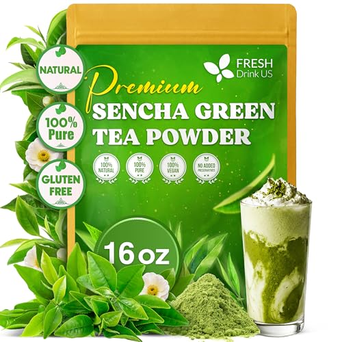Image of FreshDrinkUS, Premium Sencha Powder 16 oz Fine Ground Green Tea Powder, Japanese-Style Tea for Hot or Iced Drinks, Unsweetened, Vegan & Gluten-Free
