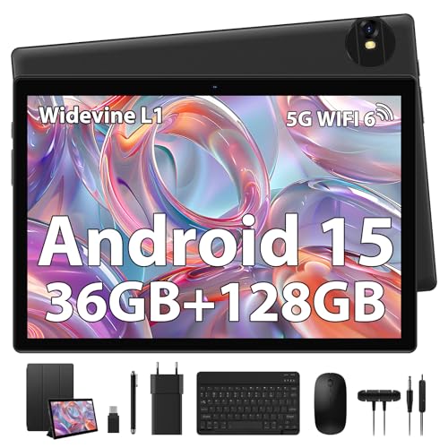 Immagine prodotto: LEVIRTU Tablet 10 Pollici Android 15, 36GB+128GB(1TB TF), 8000mAh,1280 * 800 IPS, 8MP/5G WiFi/BT5.0, Widevine L1,Tablets in offerta con Tastiera,Mouse, Nero