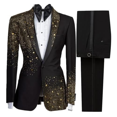 2 Piece Men's Tuxedo Black Suits Luxury Gold Beads Slim Formal One Button Blazers Jacket Pants Sets for Prom
