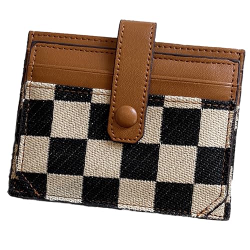 Women's Color Block Plaid Pattern Short Wallet, Snap Button Checkered Bifold Small Card Wallet, Checkered Credit Card Holder (Brown)