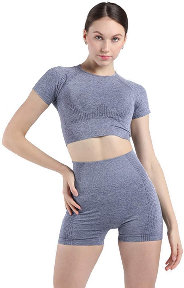 Women Two-Pieces Seamless Yoga Set Workout Outfits Short Sleeve Sports Bra Leggings Sportwear Running Clothes