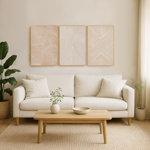 Image of Zessonic Neutral Minimalist Textured 3D Wall Art Abstract Hand-Painted Framed Wall Decor Geometric Artwork Canvas Paintings- Living Room Bedroom Office - Modern Boho Neutral Line 16 inchx24 inch 3 piece