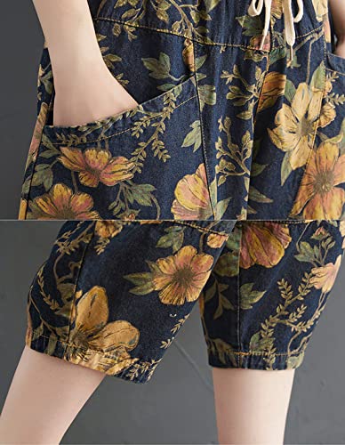 VIEWON Women's Denim Jeans Print Drawstring Elastic Waist Casual Loose Cotton Harem Pants3