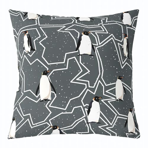 Cute Penguin Throw Pillow Cover 18x18 Inch Abstract Gray Plaid White Lines Decor Pillow Case for Kids Boys Girls Lovely Cartoon Wild Animals Hippie Cushion Cover for Office Sofa