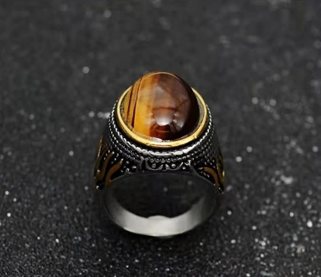Tigerauge Herrenring, handgefertigt, Vintage-Stil, Edelstahl, geschnitztes Flammenmuster, ovales Edelstein-Emblem, Naturstein-Ring, personalisierter Motorrad-Schmuck