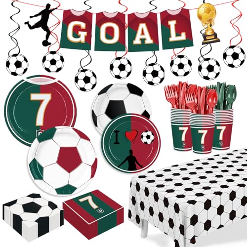 202pcs Soccer Paper Plates Napkins Soccer Star Plates Disposable Tableware Cups Banner Tablecloth Soccer Game Party Supplies Birthday Party Decorations Serve 24 Guests