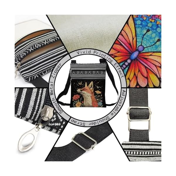 Floral Fox Messenger Bag Small Ethnic Pattern Printed Adjustable Strap Crossbody Zipper Bag Floral Fox Phone Bag Wallet Cute Shoulder Handbag for Women Friends -3 - Image 5