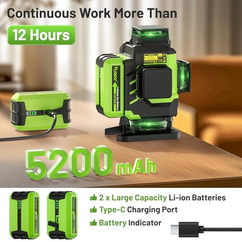 Image of Huepar Laser Level 360 Self Leveling, Rechargeable Green Laser 4x360 Cross Line Lazer Leveler 4D Level Laser Tool for Construction with Two Li-ion Batteries, Magnetic Bracket &Hard Carry Case -LS04CG