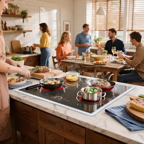 Image of Hobsir 24 inch Electric Cooktop 6200W, 4 Burner Electric Stove Top, Built-in Circular Slide Ceramic Stove with Glass Metal Frame, Timer, Safety Lock, 220V-240V Burner Hard Wire (No Plug)