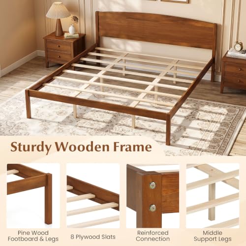 Image of GIANTEX King Size Wooden Bed Frame with Curved Headboard, Wood Slat Support