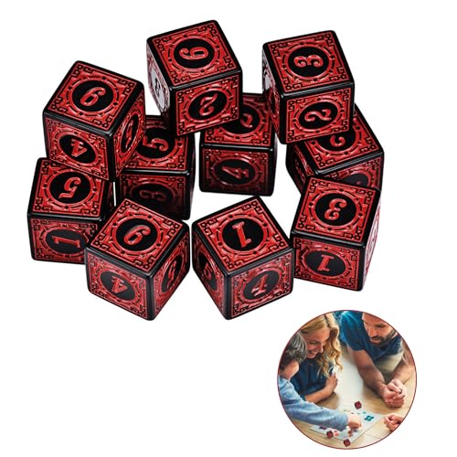 10 Pieces Retro Style D6 Dice Set with 16mm, Red Acrylic Classic 6-Sided Dice with Engraved Numbers Multi-Purpose Dice Sets for RPG Tabletop Role Playing Dice Game Accessories