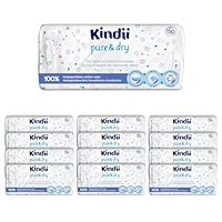 Kindii Pure & Dry Baby Trockentücher – (12x50 Stück) Einmalwaschlappen – 100% Baumwolle, sensitive Haut, trocken – 600 Stück