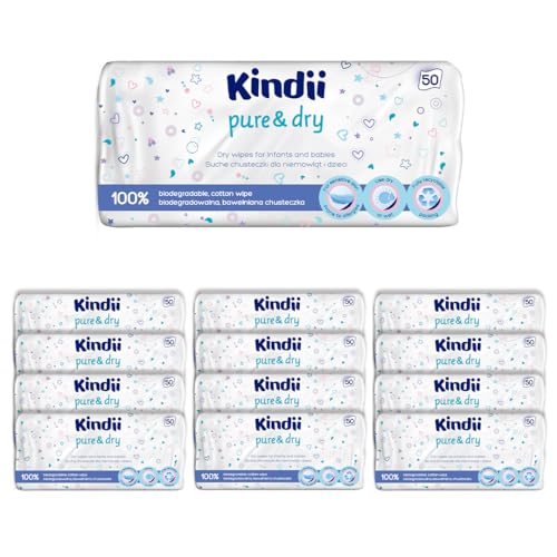 Kindii Toallitas secas para bebé Pure&Dry - (50x12 Piezas) Toalla facial desechable - Toallitas a granel, accesorios para bebé, multifuncional, 100% algodón - 600 Piezas