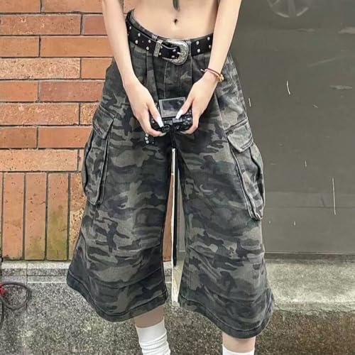Summer Vintage Camo High Waisted Baggy Wide Leg Jeans Unisex Work Pocket Cargo Capris Short Pants for Women2