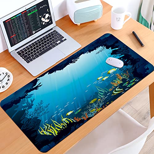 SHIVNAMI Alfombrilla Raton Grande Gaming Mouse Pad,Océano, Cueva submarina tópica Peces Nadando Marino C,Lavable, Antideslizante Diseñada para Gamers, Trabajo de Oficina