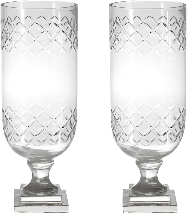 Diamond Cut Border Design Glass Hurricane Lamp Lantern, Set of 2 Candle Holder Vase