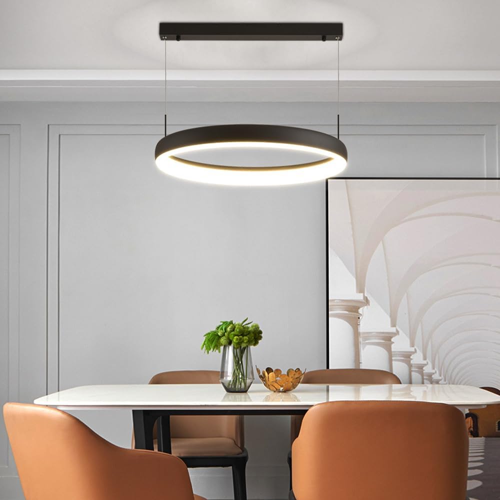 Modern Led Chaner 15.7" Kitchen Island Light Fixture, 3 Color Mode 30W Dimmable Light Living Room Dining Room Hanging Light Fixtures (Black)