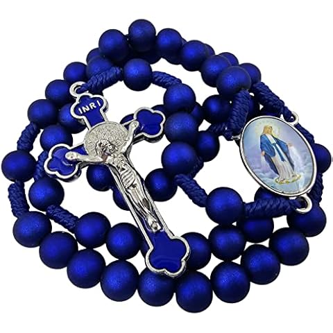 TALISMAN4U Deep Blue Rosary Beads Catholic Prayer Necklace with Saint Benedict Crucifix Our Lady of Grace Medal Religious Gift Rosary Pouch Cover