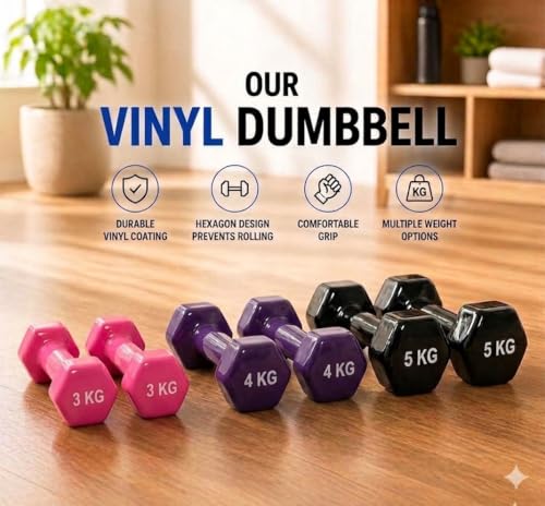 Image of De Jure Fitness Dumbbell Set with Stand for Home Gym | 3kg 4kg 5kg 3 Pair Dumbbells Set | Vinyl Weight Set with Rack | Space Saving Compact Stand | Strength Training Workout Equipment