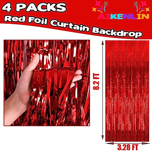 Image of 4 Pack 3.2Ft x 8.2Ft Red Foil Fringe Curtain Backdrop, Metallic Tinsel Foil Fringe Streamers Curtains Background for Photo Booth, Birthday, Wedding, Christmas Party Decoration