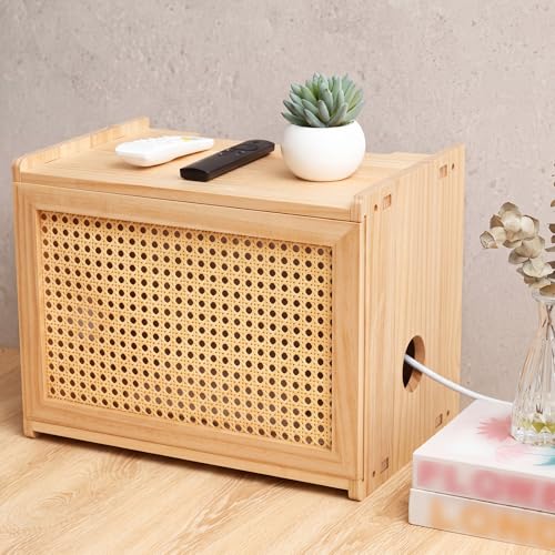 BrightRow Wi-Fi Router Box Hider Wi-Fi Router Storage Box with Synthetic Rattan Decor Modem Cable Cover Organized Power Strip Cable Hider Rack(Natural Wood Color 16 x 10.4 x 12 Inches Wood)