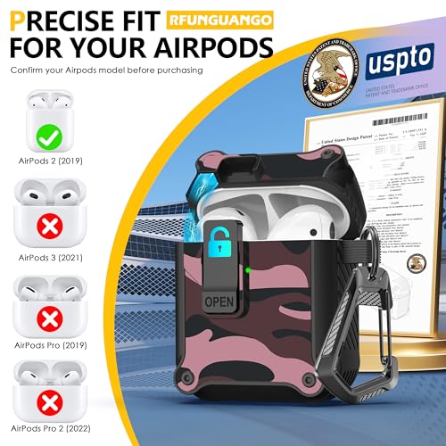 Image of RFUNGUANGO for Airpods 2nd and 1st Generation Protective Cases Automatic Pop-up with Safety Lock Clip, Full Body Shockproof Hard Case with Keychain (Cleaning Tool)-red Camouflage