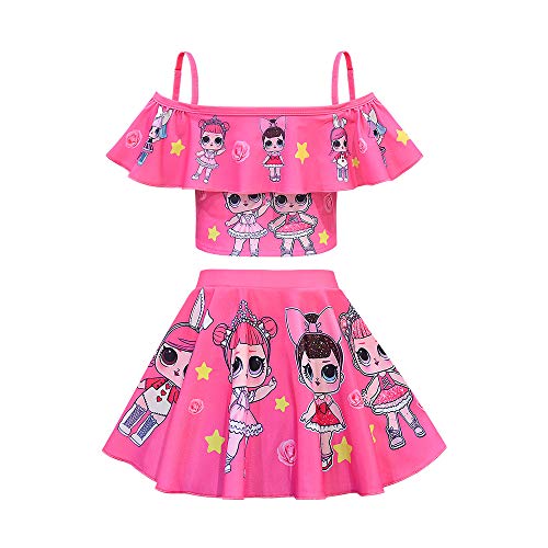 Rohero Toddler Baby Girls Swimsuits Two Piece Doll Print Ruffle Swimwear Bathing Suit for Doll Surprised Beach Tankinis (140cm/ 7-8Y, Star Rose)