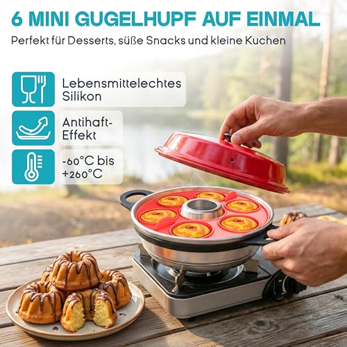 Campingbackofen Silikon Haltegriff Set – Hitzeschutz Griff für Deckel + Gugelhupf Backform + 6-Fach Pochiereinsatz – Zubehör für Omnia, RoadBaker & Campingbackofen