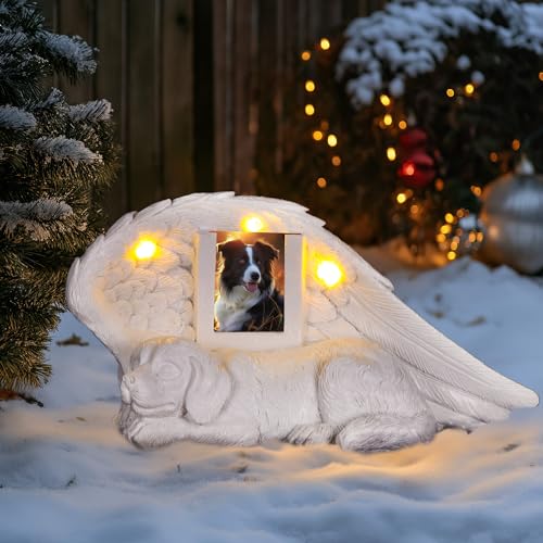 NorthSpoor Gedenkstein für Hunde,Gedenk Geschenke für Hunde mit LED-Solarlicht,Hund Statue, Urne für Asche,Gedenkstein für Haustiere,Grabstein aus Kunstharz, schlafende Hundeengelfigur aus Kunstharz