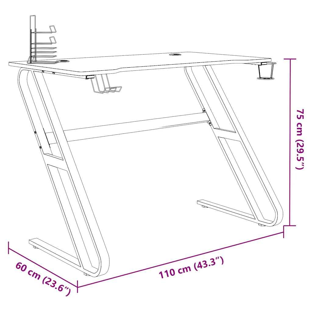 Scrivania da gioco con struttura ZZ, nera, 110 x 60 x 75 cm, in legno e ferro, scrivania per computer, postazione di lavoro, ufficio, camera dei ragazzi, con ripiano, portabicchieri, per PC