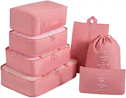 Kit Organizador de Malas para Viagem 7 Peças Conjunto Organizador Completo Bolsas Necessaire Sapatos Maquiagem Roupas Bagagem Organizada (Rosa)