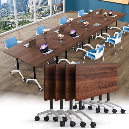 Conference Table, Folding Conference Room Tables with Silent Wheels, Foldable Modular Training Table, Modern Rectangle Seminar Meeting Tables for Office, Boardroom (4, Walnut2, 70.8)