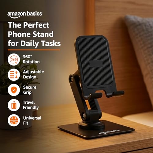 Image of amazon basics 360 Rotating Phone Stand for Desk, Foldable & Adjustable Height Mobile Holder, Anti-Slip Base, Compatible with All Smartphones (Black)