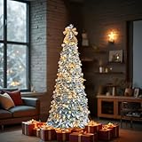 6FT Pop Up Christmas Tree with Lights, Prelit Snow Flocked Collapsible Christmas Tree with 100 Warm White Lights and 8 Flashing Modes, Decorated Foldable 1 Minute Xmas Trees for Holiday Decoration