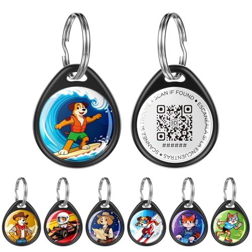 Etiqueta de perro y gato con código QR, escanea para reunirse más rápido, impermeable y duradera, ligera y silenciosa, información de contacto actualizable, con diseño de personaje de mascota surfista