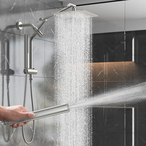 Image of Veken 10 inch Luxurious Brushed Nickel All Metal Rain Shower Head with Handheld Spray Combo, High Pressure Rainfall Square Shower Heads with Extension Arm, Wide Dual Showerhead, Bathroom Accessories