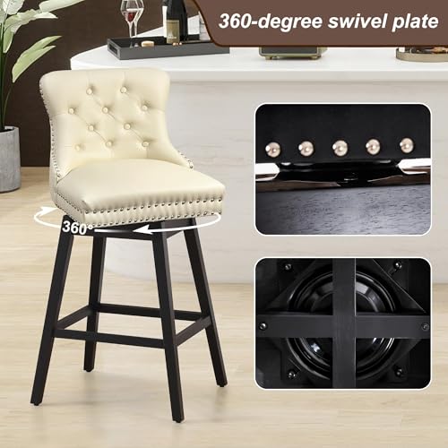 Image of Beige Swivel Bar Stools Set of 2, 30 Inch Counter Height Chairs | Swivel Faux Leather Barstools, Solid Wood Legs, Upholstered Kitchen Island Chairs with Back (Beige, 2 Pack, 30 inch H)