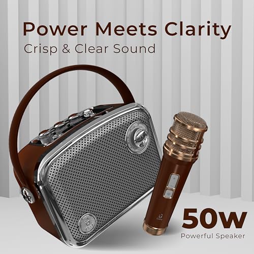 Image of iGear Classic Retro Bluetooth Speaker with Wireless Mic | 50W Powerful Sound, 2500mAh Battery, Bluetooth 5.3, MP3 Player, AUX | Portable Karaoke Speaker for Home, Parties (Brown)