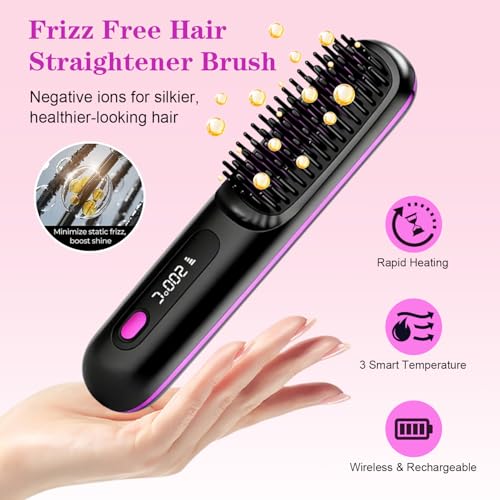 Image of Go Brush Pro Cordless Hair Straightener Brush, Portable Straightener Brushs for Travel, Fast Heating Cordless Mini Hair Brushs with LED Display, 3 Adjustable Temperatures for All Hair Types, Black